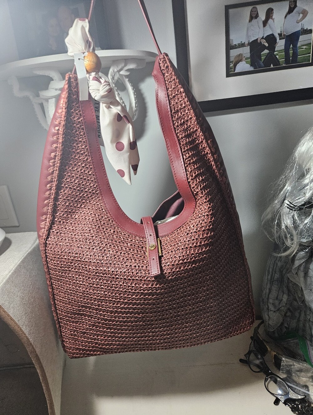 Steve Madden Woven Straw Large Hobo Bag Scarf Accent Burgundy Rust NWT